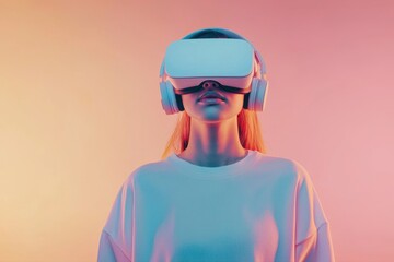 Generative AI image of excited young African American female with Afro hairstyle in VR goggles enjoying immersion into virtual cinema and standing against pastel background