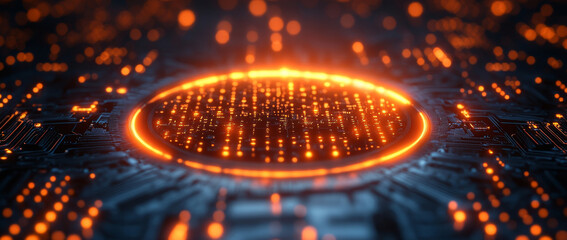 This artwork illustrates the intricate nature of quantum computing, showcasing concepts like superposition and entanglement through glowing particles and a dynamic, activated circuit.