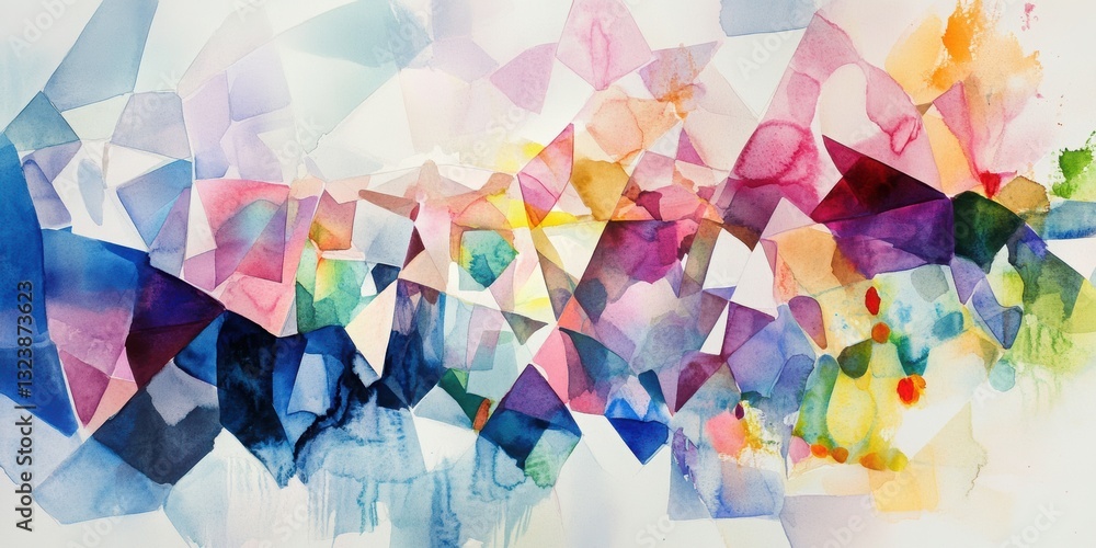 Poster geometric symphony: an abstract composition of vibrant, overlapping geometric shapes, exploding with