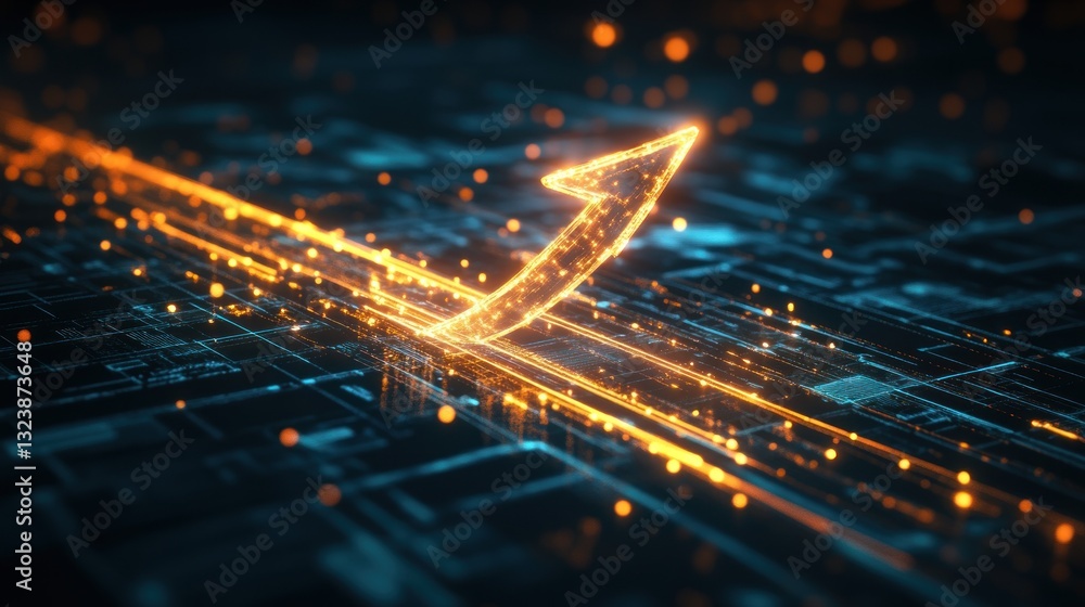 Poster glowing ascending arrow on a digital circuit board showing upward progress