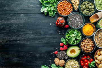 Many different healthy foods on black wooden table, flat lay. Space for text