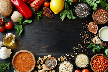 Many different healthy foods on black wooden table, flat lay. Space for text