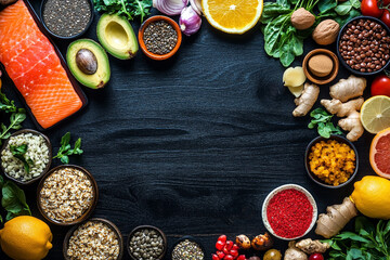 Many different healthy foods on black wooden table, flat lay. Space for text
