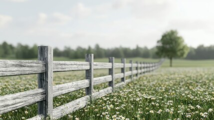 Fototapeta premium Scenic view of a wooden fence in a field of daisies leading to a tree. Peaceful countryside landscape.
