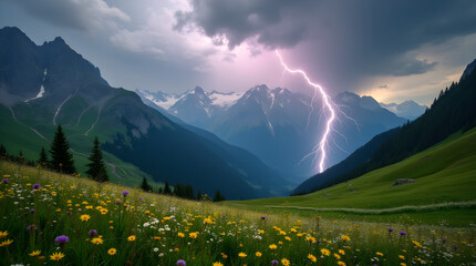 A breathtaking lightning strike illuminates a dramatic mountain landscape, cutting through stormy skies above a lush green valley. Wildflowers bloom in the foreground, contrasting with the fierce stor