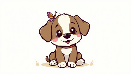 Obraz premium Cute cartoon puppy with a butterfly sitting on its head against a light background 
