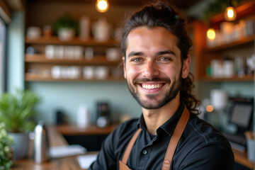 Fototapeta premium A cheerful young barista standing confidently in a modern cafe. Warm lighting