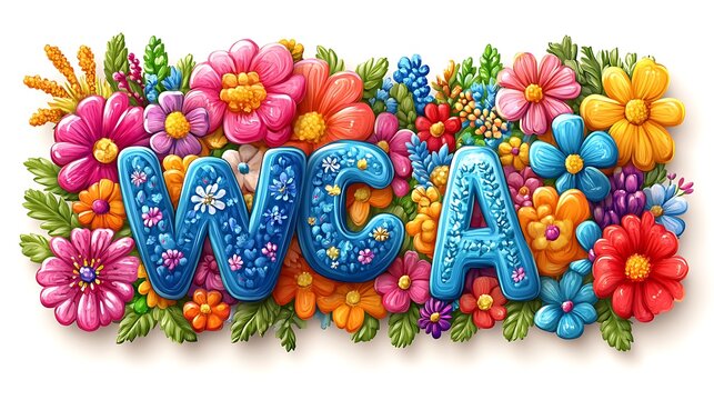 Vibrant Floral Arrangement Spelling WCA Colorful Flowers and Blue Letters