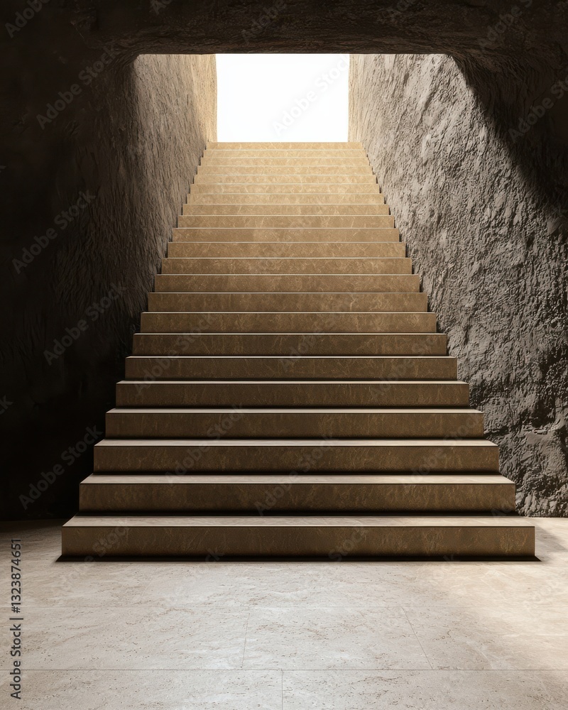 Poster light-filled staircase leading to bright open space with smooth stone steps and rustic walls