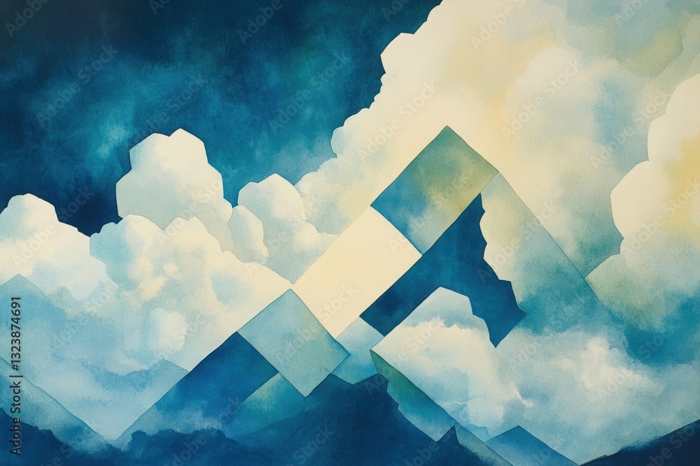 Poster mountainscape in clouds: abstract mountainscape artwork, where bold geometric forms merge with fluff