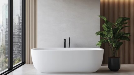 Modern bathroom interior with a freestanding tub, plant, and city view. Minimalist design for relaxation and luxury.