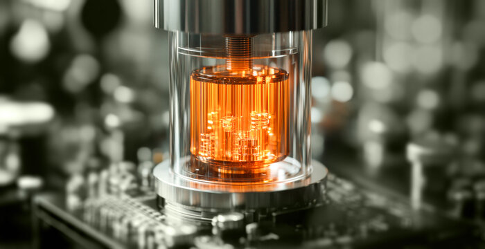 A close-up of a quantum computing device showcasing a qubit chamber filled with vibrant orange light. The intricate details highlight advanced algorithms and data processing in real-time.