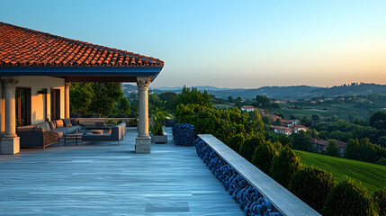 Fototapeta premium Luxurious outdoor patio overlooking scenic hills