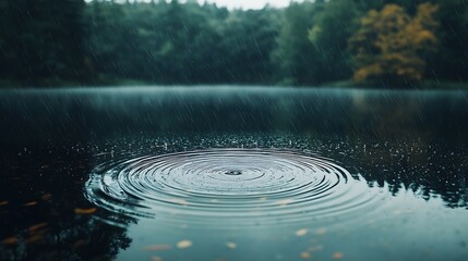 Raindrops on the surface of a mountain lake with a forest in the background
