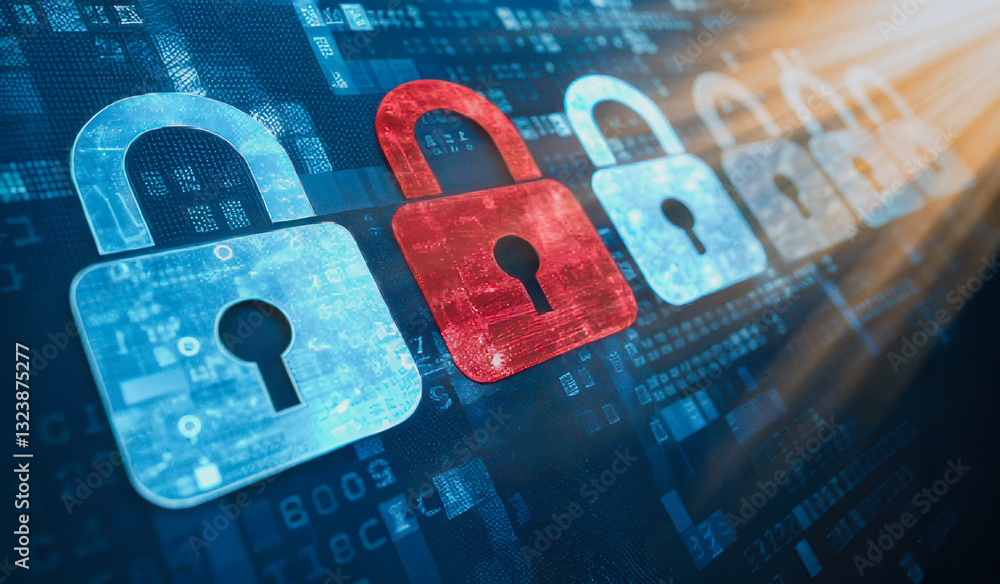 Poster digital locks symbolize cybersecurity and data protection in modern setting