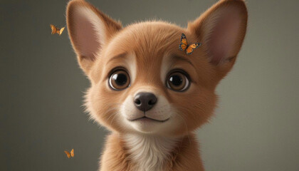 Cute puppy with butterflies on its face smiling against a soft background
