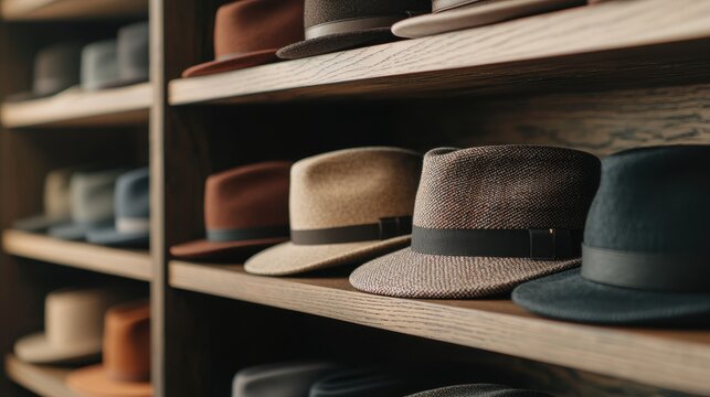 Elegant hats on wooden shelves. Variety of colors and styles. Concept of fashion, style, and accessories.