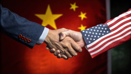 Handshake between two individuals representing China and USA, symbolizing diplomacy and cooperation