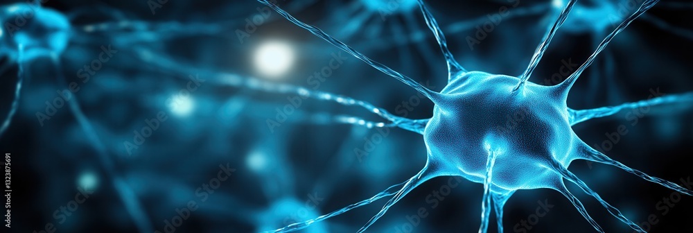 Poster Futuristic neural network design featuring deep blue and cyan patterns with a central node cluster fading to black for text elements