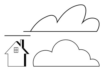 Fototapeta premium House with a chimney and window below two simple outlined clouds, emphasizing connection to nature, structure, and rest. Ideal for architecture, environment, sustainability, and family. Flat simple