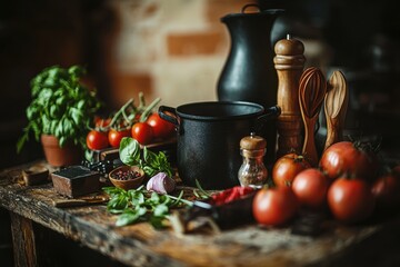 A rustic kitchen still life featuring fresh tomatoes, basil, garlic, cooking utensils, spices, and a black pot on a weathered wooden table, conveying a culinary scene.
