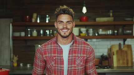 Fototapeta premium Smiling Handsome Man in Rustic Kitchen