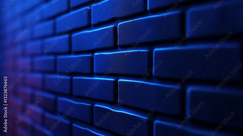 Poster close-up view of a textured blue brick wall illuminated with ambient light, creating depth