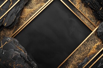 Brightly sparkling black and gold glitter frame showcases intricate geometric accents, ideal for elegant text. The vintage design evokes the glamour of the 1920s