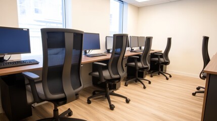 Modern office workspace with multiple computer stations, bright windows, and minimalistic design