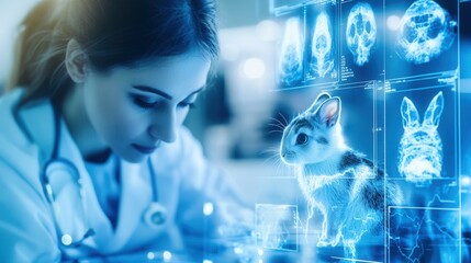 High-tech veterinary diagnostics with abstract medical scan elements for pets in a modern clinical setting