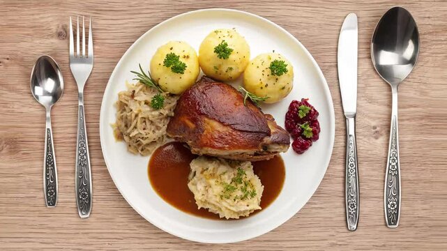 Traditional German Schweinshaxe with Potato Dumplings and Sauerkraut - Crispy and Juicy Pork Knuckle - looped 4к video