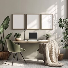 Interior View with Three Framed Artworks, Desk Workspace, Houseplant in Room, Cozy Blanket on Chair