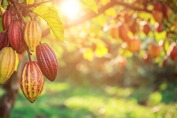 Ripe Cacao Pods on Branch, Sunlight Background