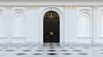 Fototapeta premium Elegant interior with black door, gold accents, and marble floor. Classic design with arches and columns.