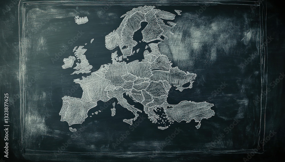 Poster pixelated map of europe on a dark chalkboard background with white pixels representing countries and