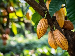 Ripe Cocoa Pods on Cacao Tree Branch