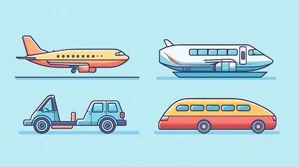 Icons representing different modes of travel: plane, train, car, and boat.