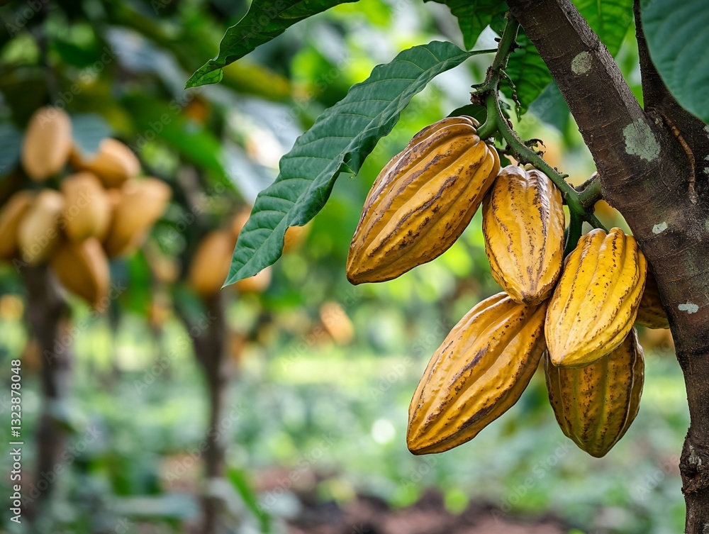 Poster ripe cocoa pods on cocoa tree branch