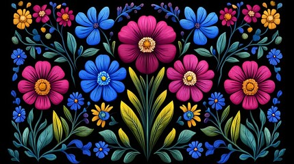 Vibrant Floral Textile Design Pink Blue Yellow Flowers on Black Background