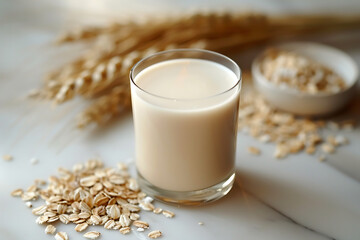 fresh homemade oat milk in glass healthy vegan dairy free drink organic plant based alternative nutrition beverage gluten free lactose free breakfast natural food rustic kitchen


