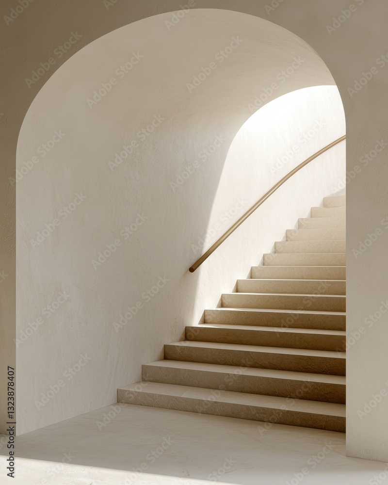 Poster Elegant Minimalist Staircase with Smooth Arch and Soft Light Enhancing Modern Architecture Design