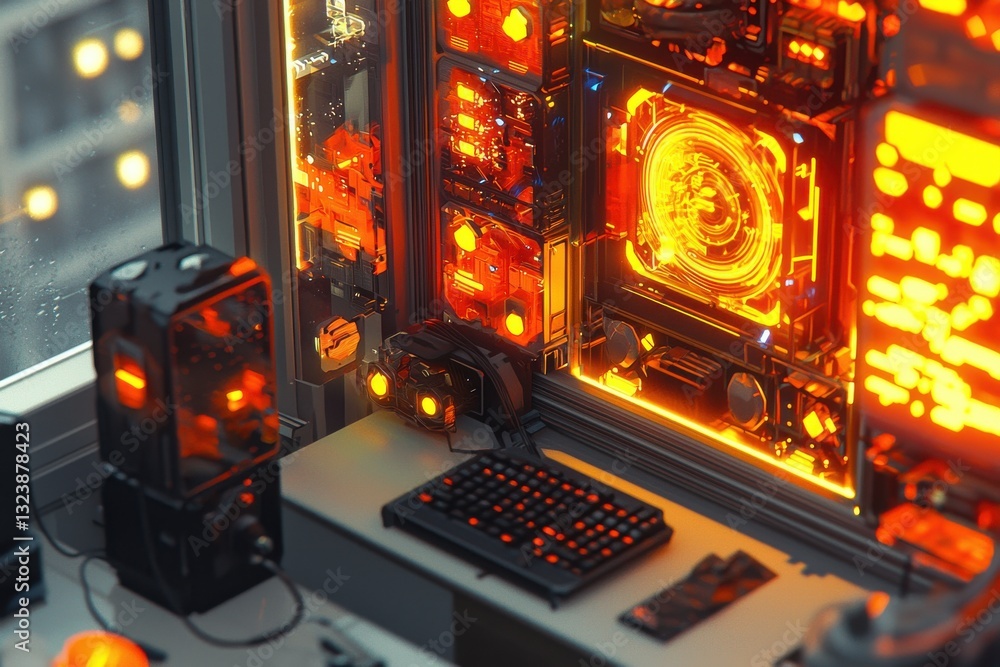 Poster futuristic server room with vibrant orange lights illuminating complex computer systems and a sleek 