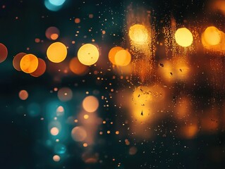 Blurred Cityscape Through Rain-Streaked Glass, Urban Lights at Night
