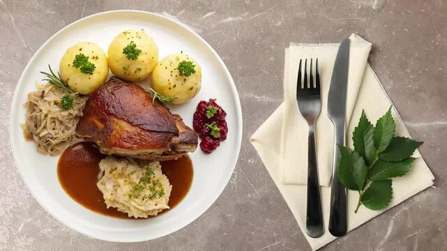 Traditional German Schweinshaxe with Potato Dumplings and Sauerkraut - Crispy and Juicy Pork Knuckle - looped 4к video