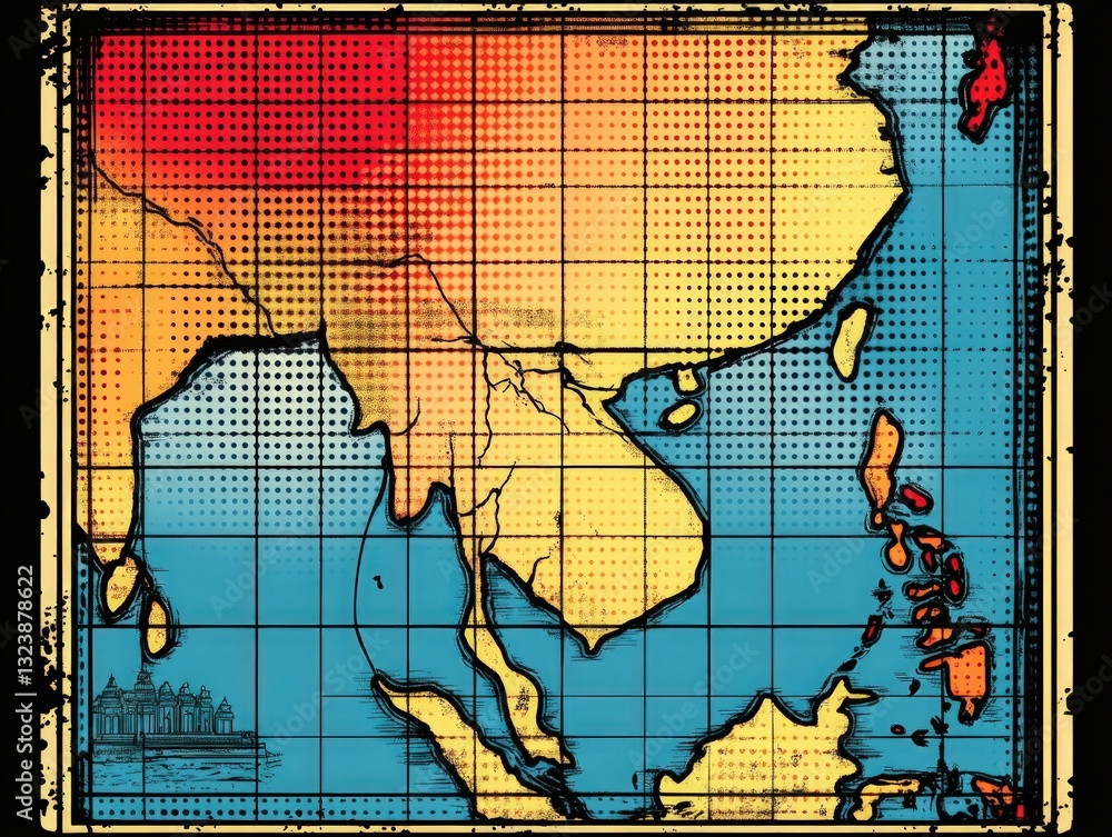 Poster simplified map of asia with color gradients yellow orange and red on a grid background