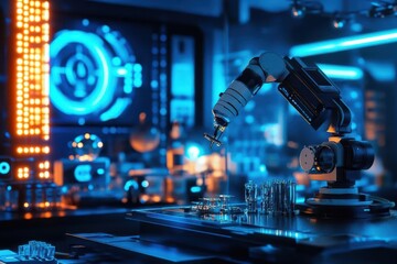 advanced robotic arm with precision tools performs intricate assembly tasks in a high-tech laboratory, surrounded by blue-tinted holographic displays and scientific equipment under cool led lighting