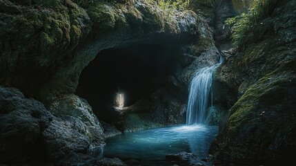 Serene Underground Cavern Waterfall with Blue Water and Moss-Covered Stones in a Dense Forest Setting