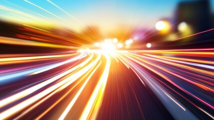 Blurred motion of vehicle lights on a highway during sunset, with colorful bokeh in the background