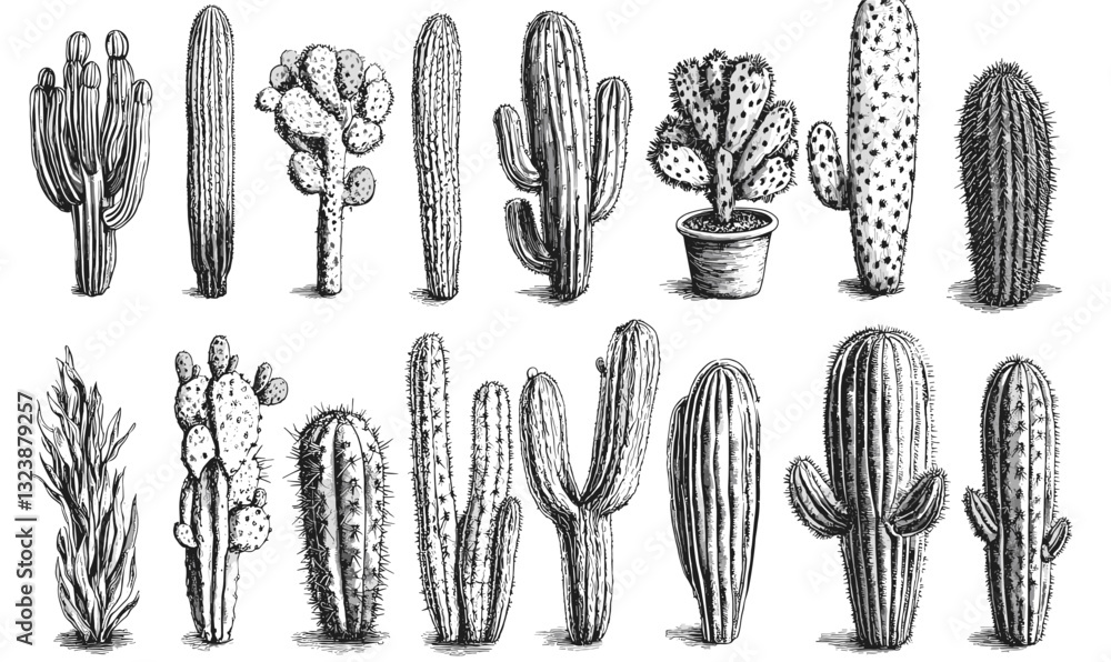 Poster hand-drawn cactus collection with various types in linear style, icons set, vector.
