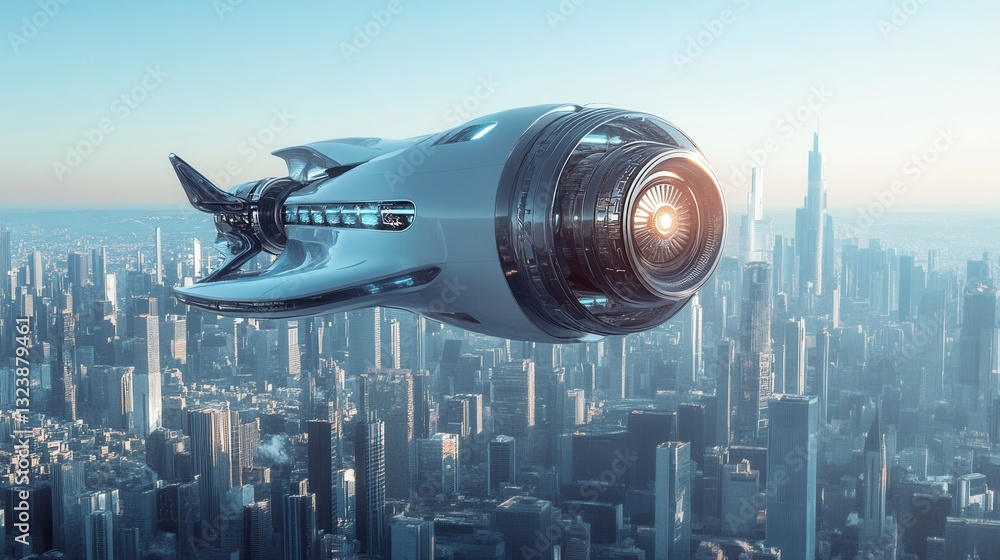Aufkleber Futuristic spaceship hovers over a sleek cityscape with a glowing engine illuminated in the urban environment